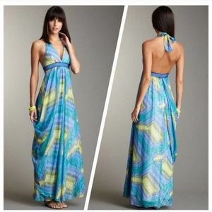 BCBG Max Azria Chiffon Halter Full Length Gown with Side Swoop